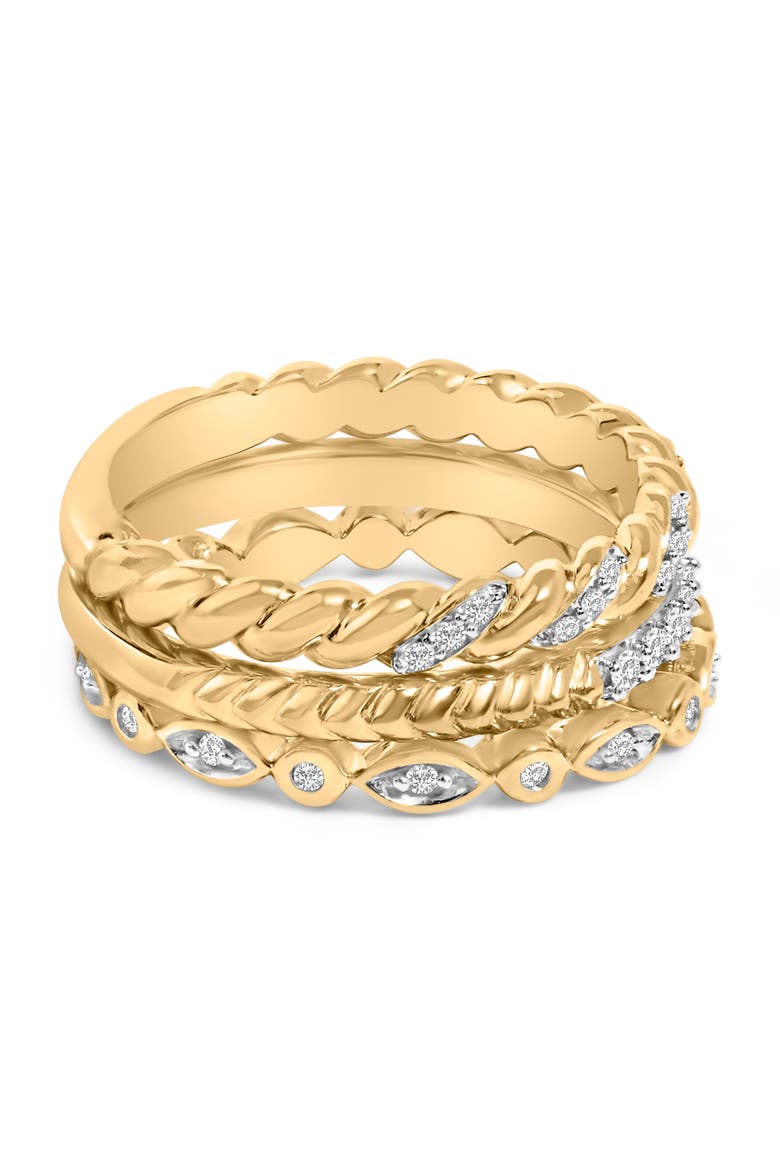 14K Yellow Gold Plated Sterling Silver 1/4 Cttw Diamond Twist Leaf Stackable Ring Set, Alternate, color, Yellow Gold over Silver