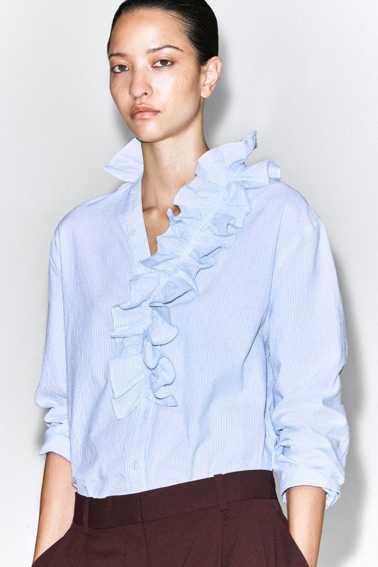Ruffle-collar Seersucker Blouse, Alternate, color, BLUE / STRIPED