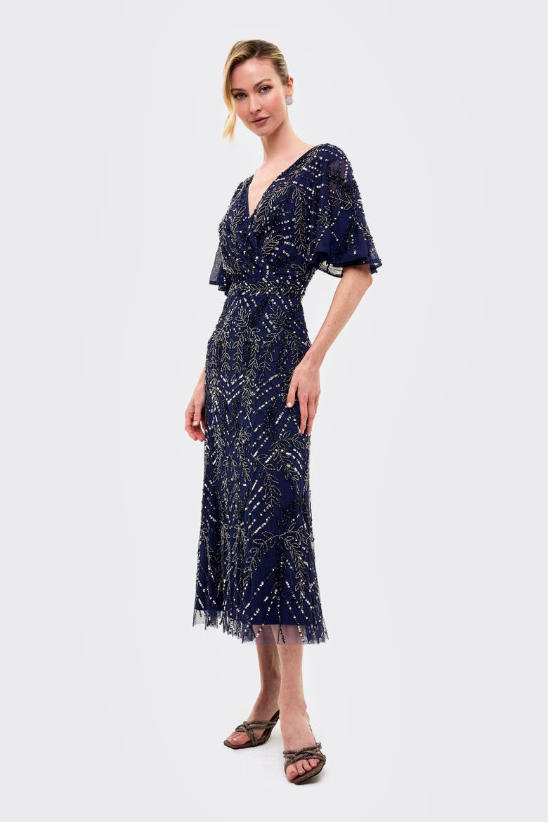 Embellished Sequins Flutter Sleeves Midi Dress, Alternate, color, Mid Night Blue