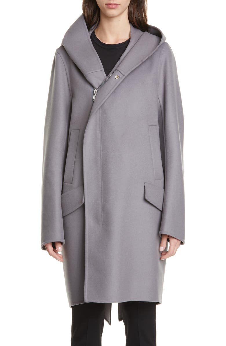 Rick Owens Slab Hooded Long Wool & Nylon Coat, Main, color, 