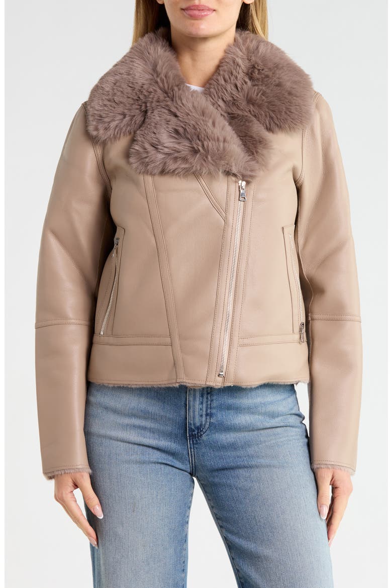 Faux Fur Collar Moto Jacket, Alternate, color, TAUPE