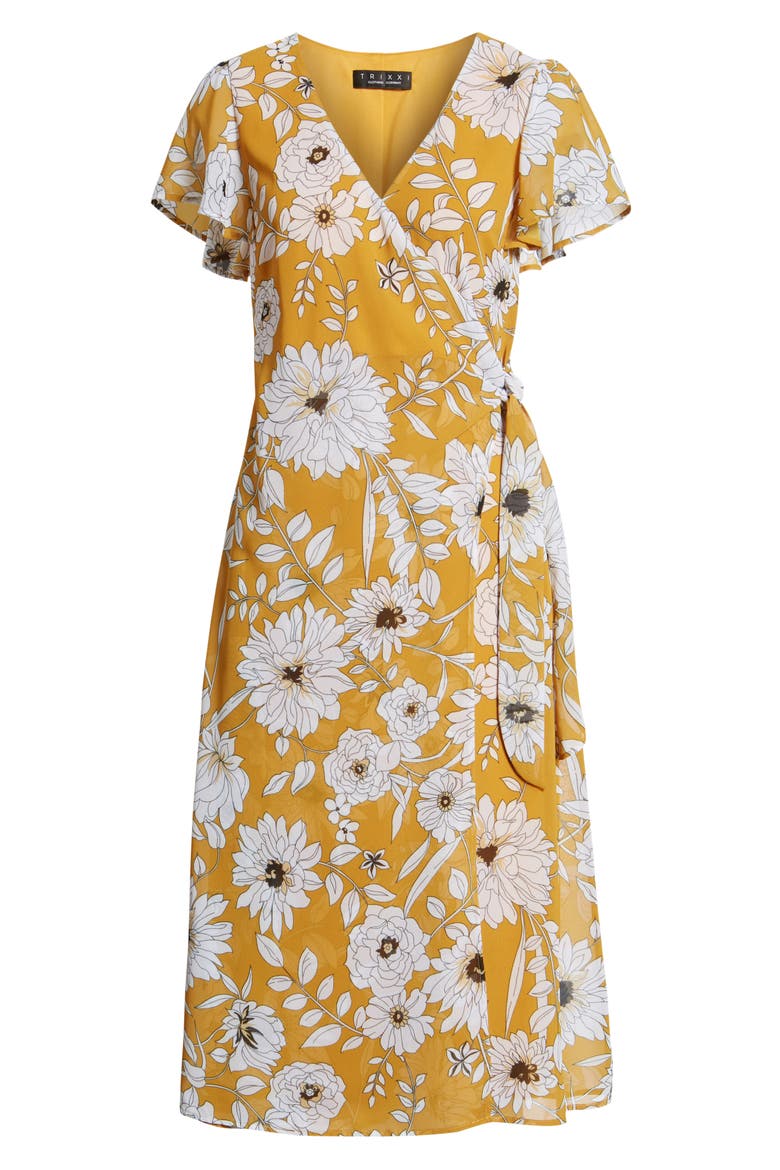 Floral Surplice Midi Dress, Alternate, color, YELLOW FLORAL