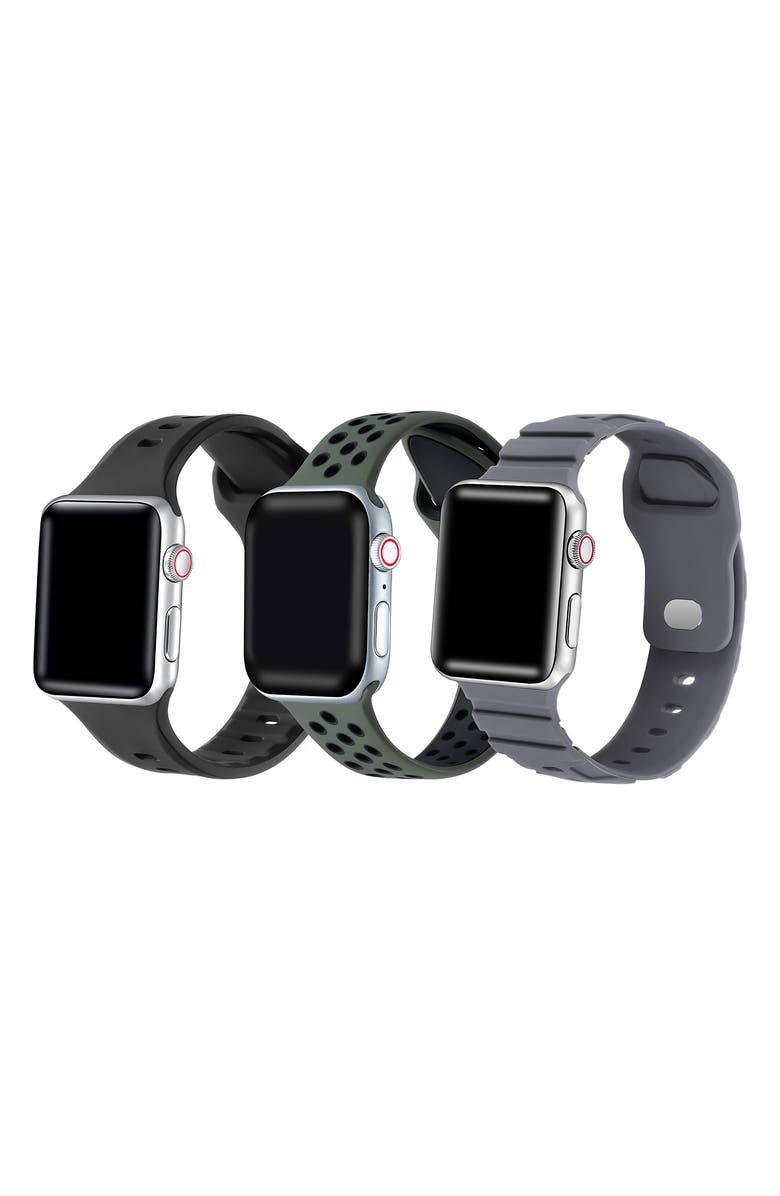 The Posh Tech Assorted 3-Pack Silicone Apple Watch<sup>®</sup> Watchbands, Main, color, Black/ Green/ Grey