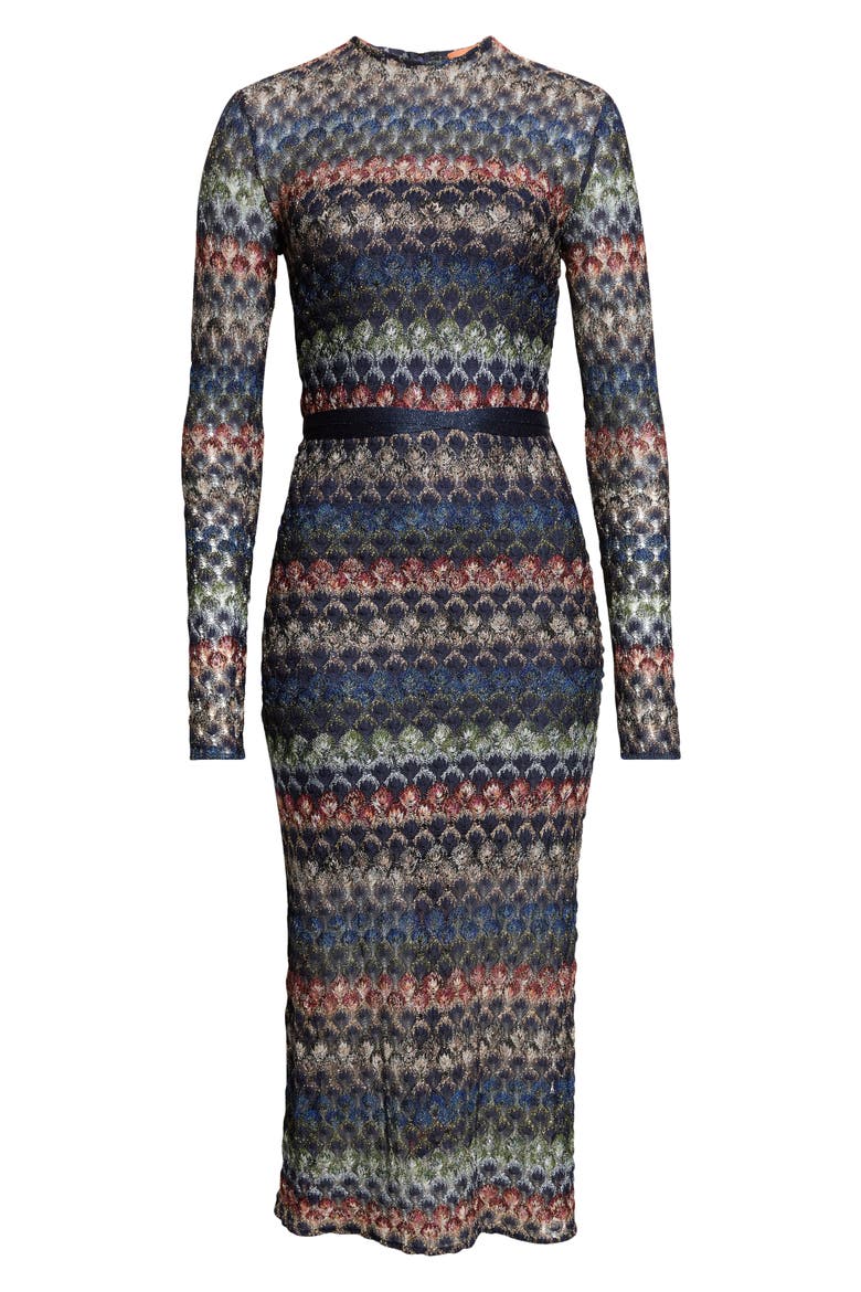 Metallic Long Sleeve Cutout Pointelle Midi Dress, Main, color, SMSPV