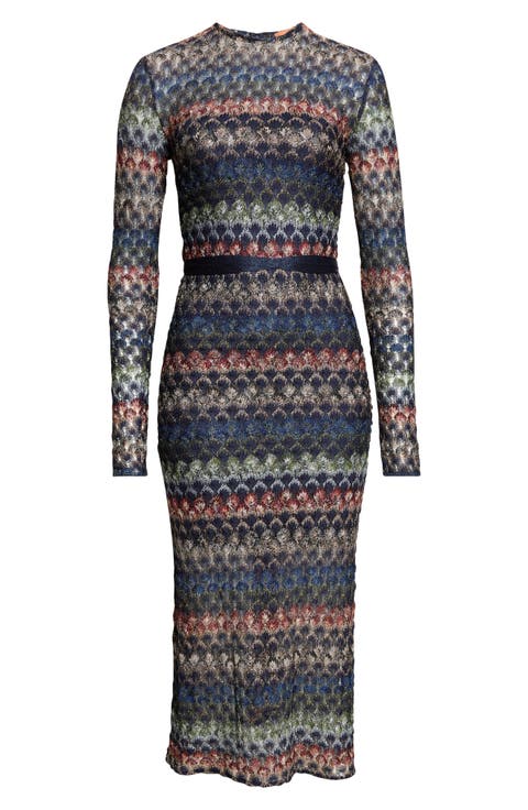 Metallic Long Sleeve Cutout Pointelle Midi Dress