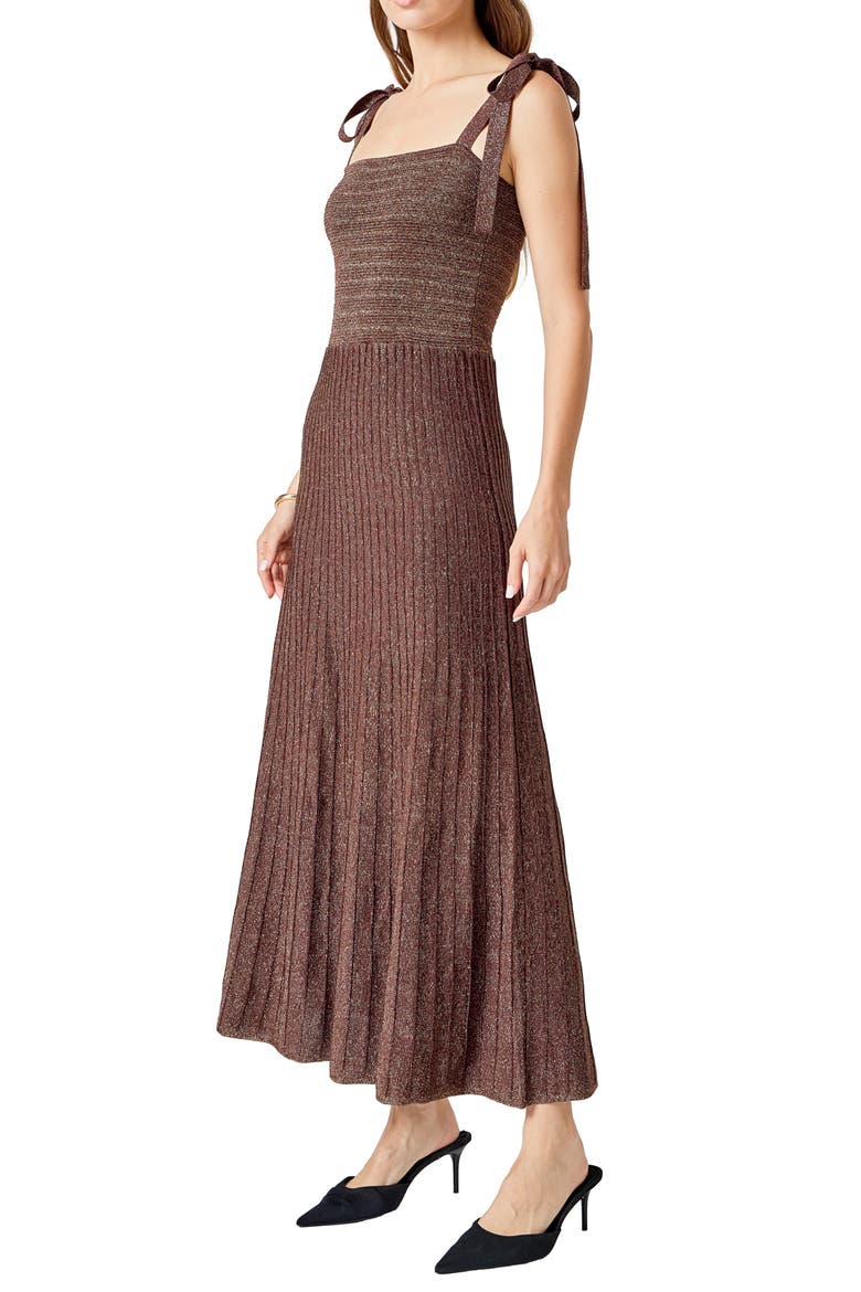 Tie Strap Metallic Maxi Sweater Dress, Alternate, color, BROWN