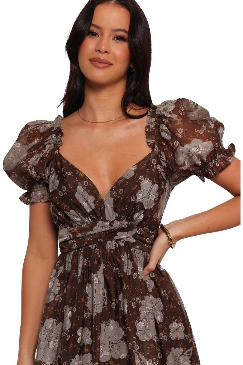 Farryn Floral Puff Sleeve Midi Dress, Alternate, color, BROWN/ GREY