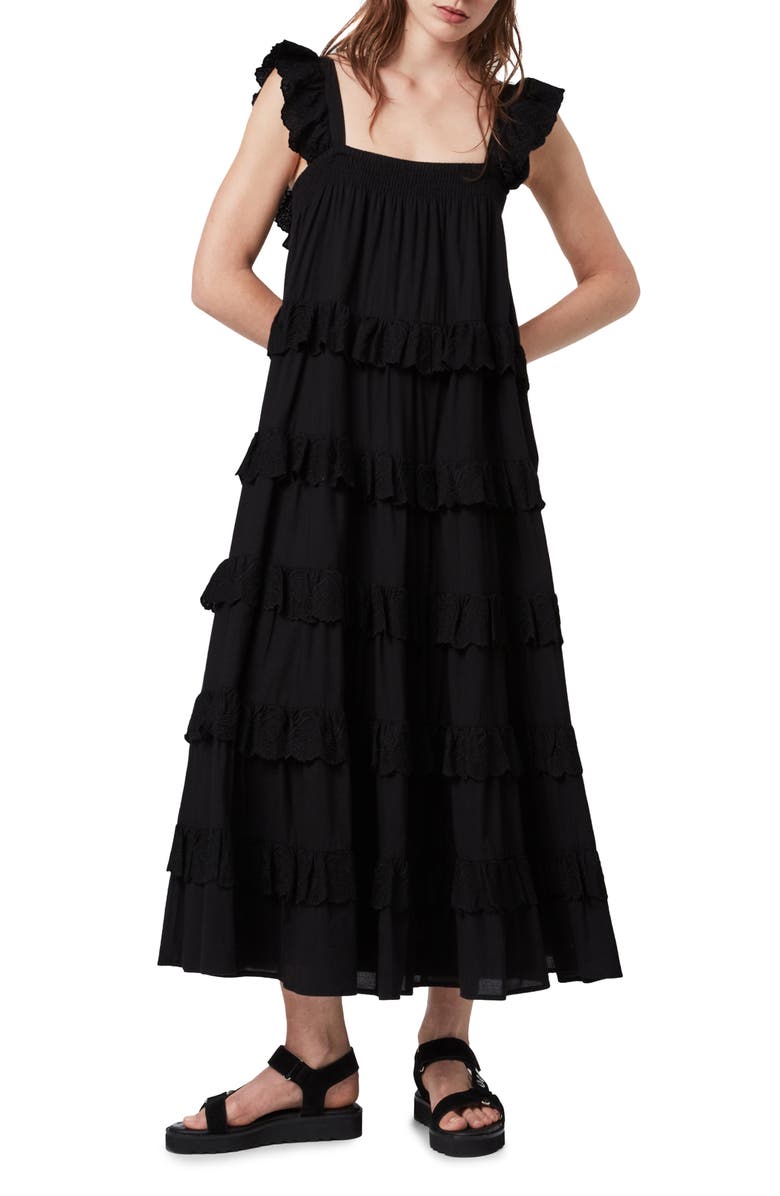 AllSaints Serina Tiered Maxi Dress, Main, color,
