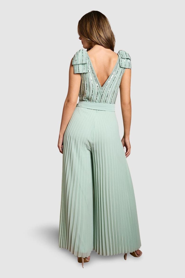 Embellished Bow Shoulder Jumpsuit, Alternate, color, Sage