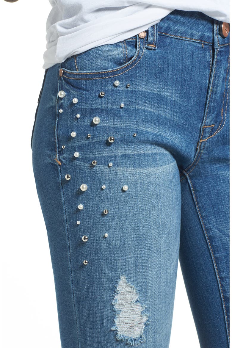 Pearl Detail Skinny Jeans, Alternate, color, SALLY BLUE