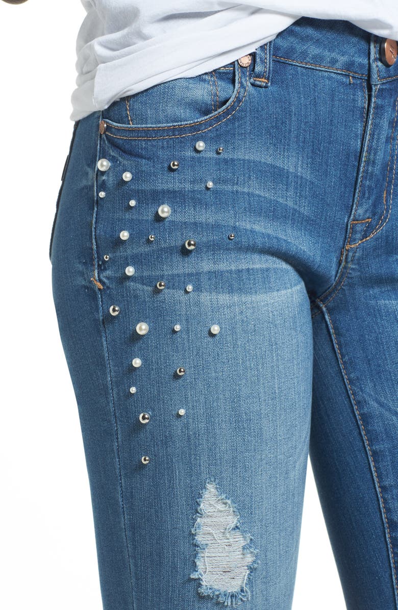 1822 Denim Pearl Detail Skinny Jeans, Alternate, color, 