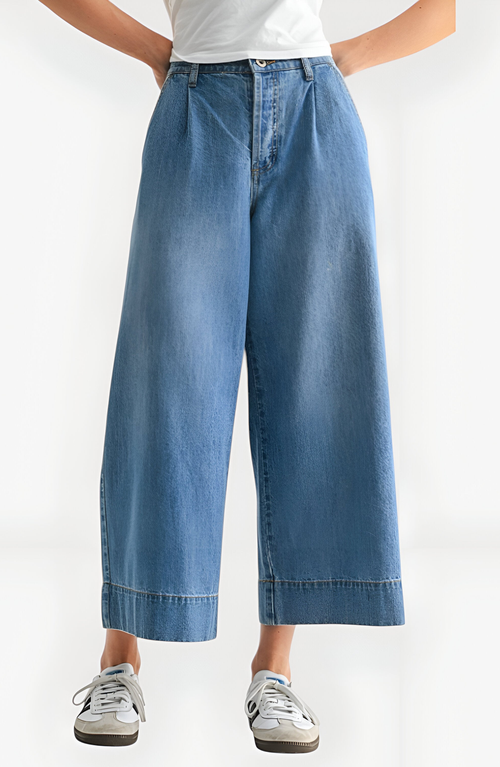 Modenaire Wide Leg Cropped Denim Pants With High Waist And Cuffed Hem In Blue