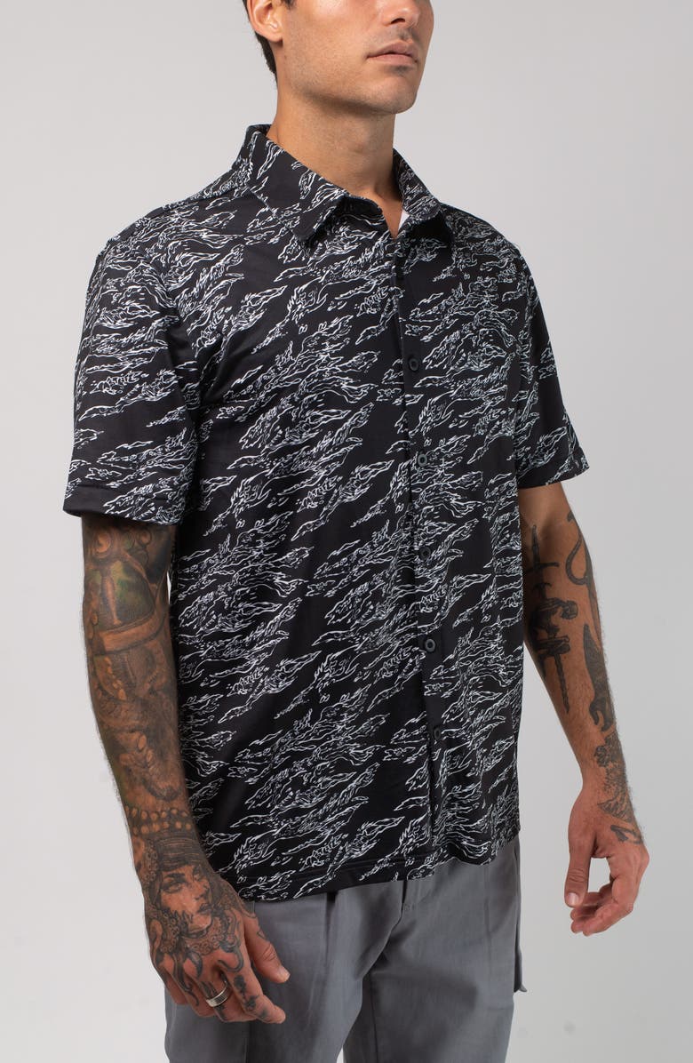 VAST Aqua Terra Midnight Camo Tech Short Sleeve Performance Button-Up Shirt, Alternate, color, Black