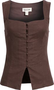 Open Edit Sweetheart Neck Linen Blend Top