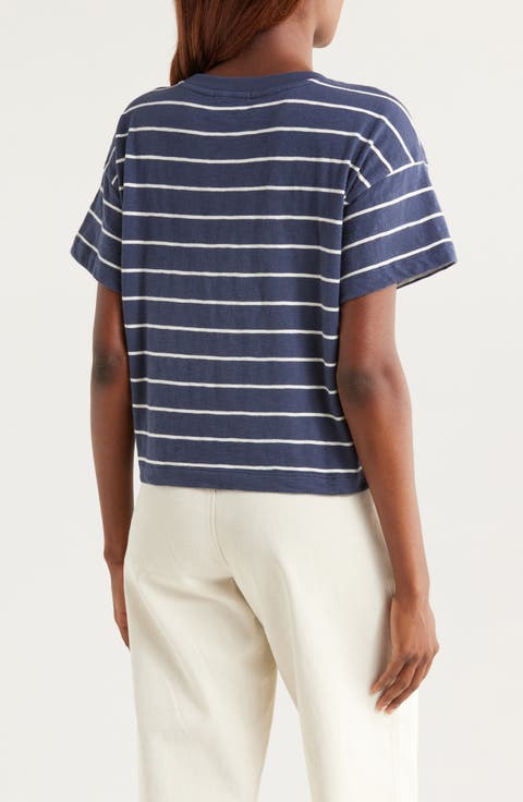 [ MLB ] 女性 VARSITY STRIPE SHORT T-SHIRT Custom Print Women's Varsity V-neck T-shirt Striped Sports