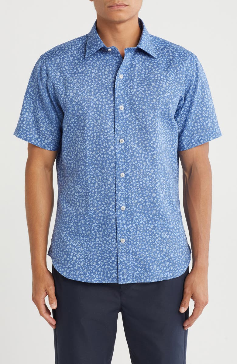 David Donahue Short Sleeve Linen & Cotton Sport Shirt, Main, color, Navy/ Sky