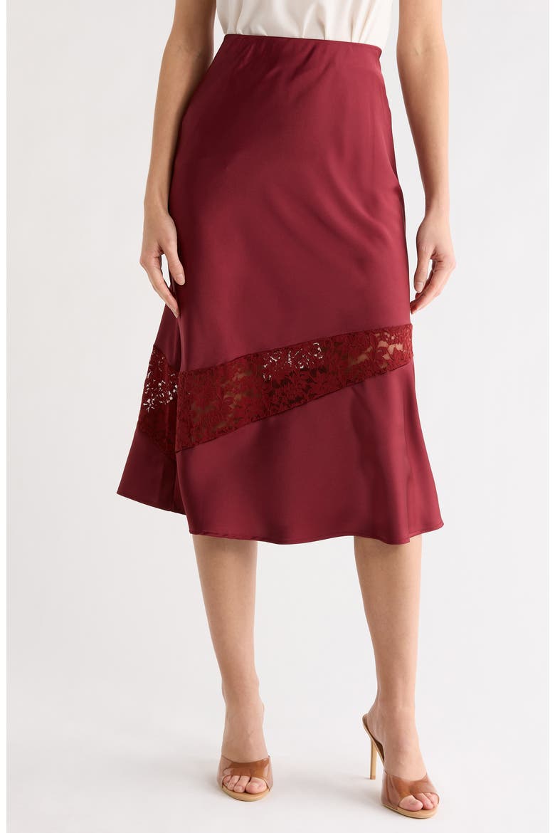 Satin & Lace Midi Skirt, Main, color, BURGUNDY