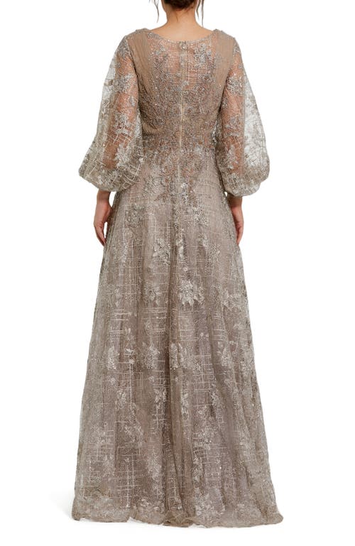 Mac Duggal Embellished Plunge Neck Puff Sleeve A-line Gown In Mocha