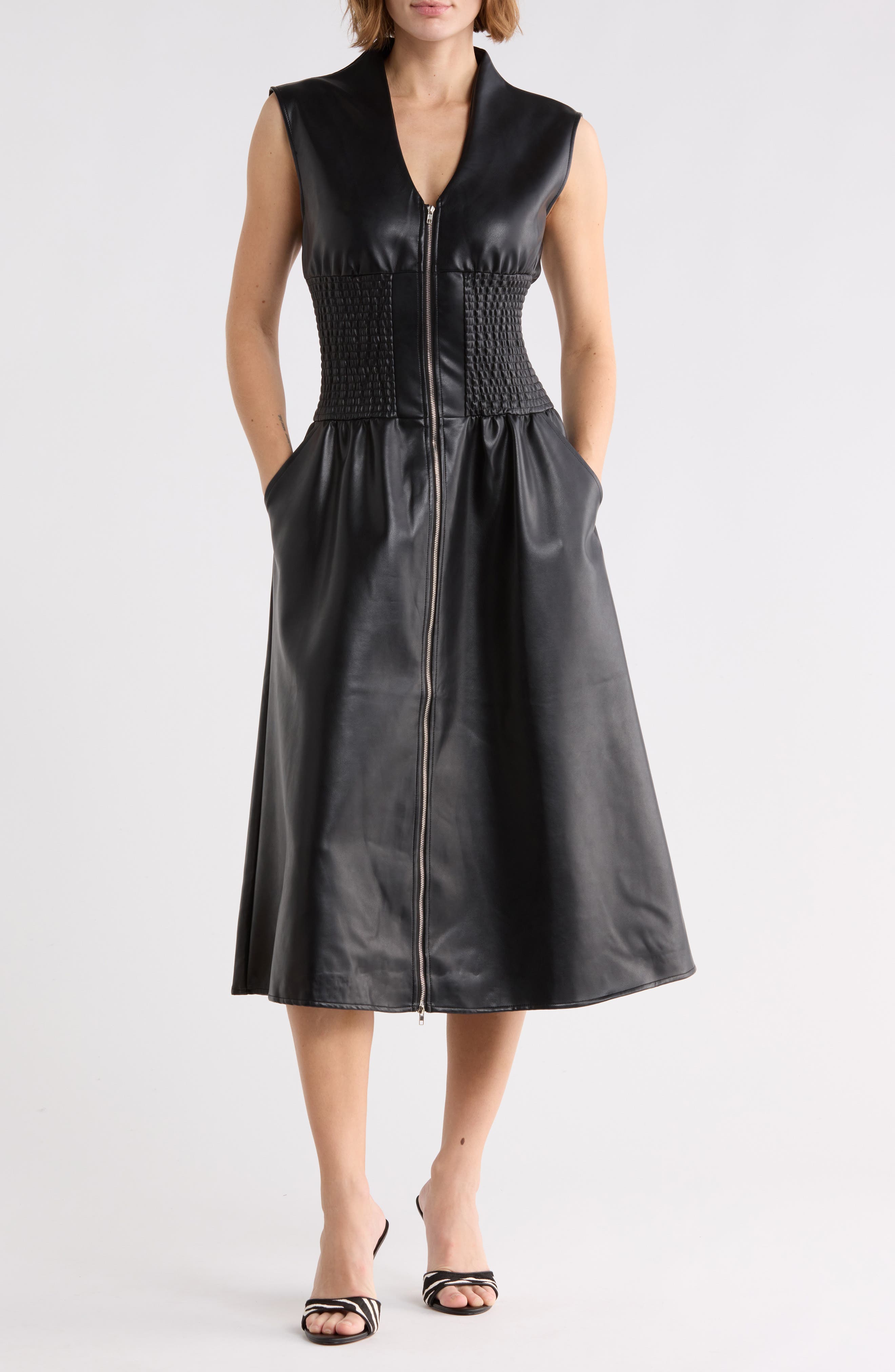 Faux Leather Sleeveless Front Zip Midi Dress