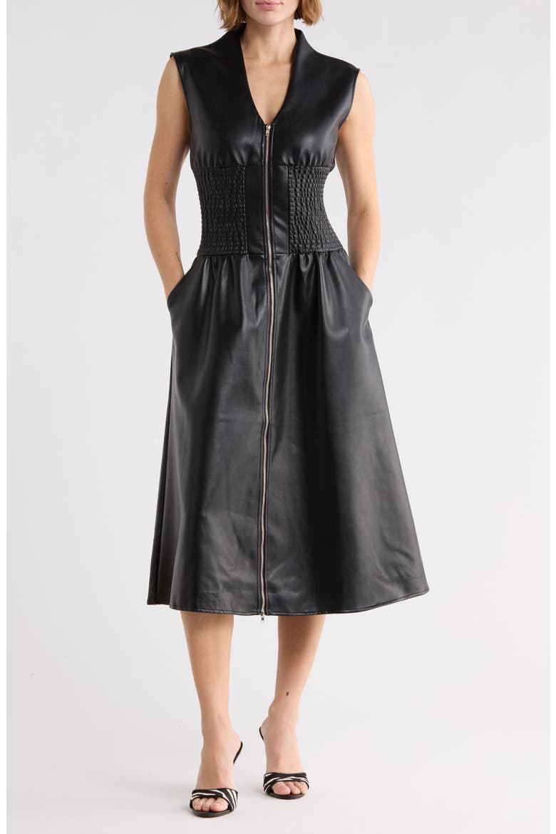 Faux Leather Sleeveless Front Zip Midi Dress, Main, color, BLACK