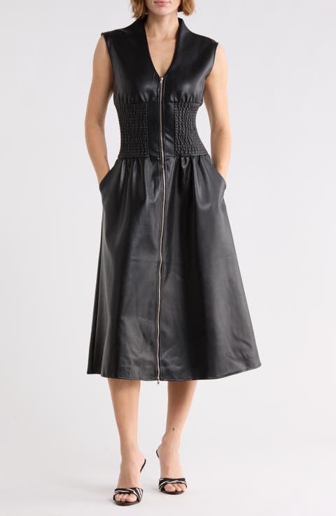 Faux Leather Sleeveless Front Zip Midi Dress