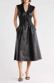 Faux Leather Sleeveless Front Zip Midi Dress