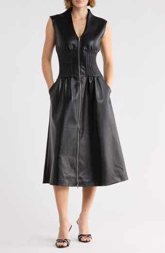 Faux Leather Sleeveless Front Zip Midi Dress