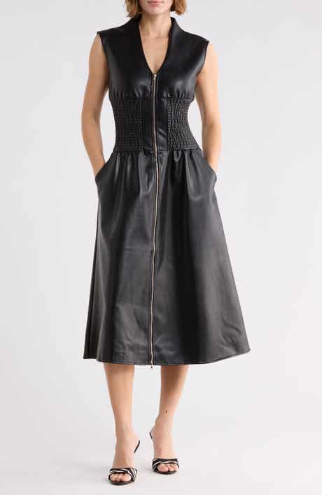 Faux Leather Sleeveless Front Zip Midi Dress
