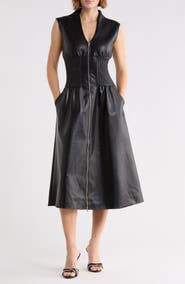 AREA STARS Faux Leather Sleeveless Front Zip Midi Dress