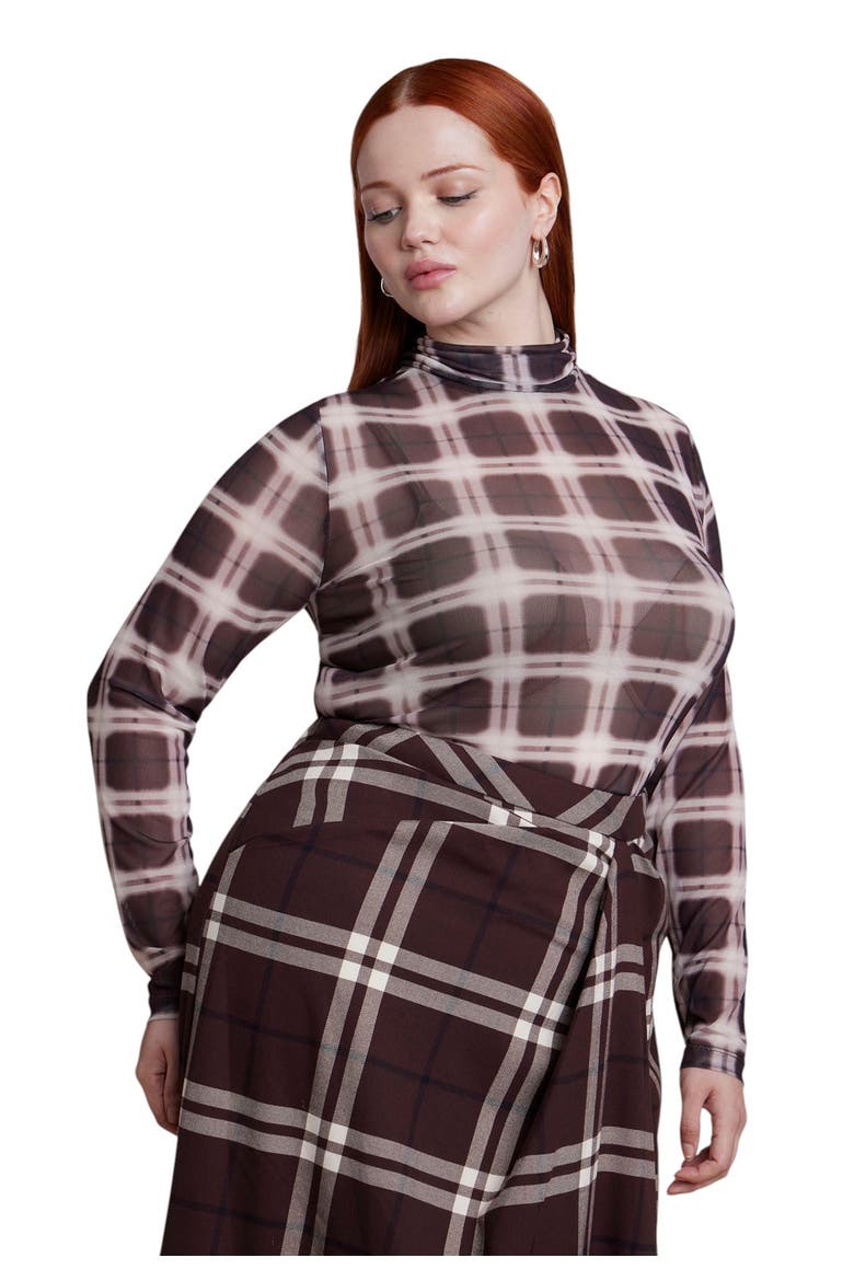 Mesh Turtleneck Top (plus), Main, color, CHOCOLATE PLAID