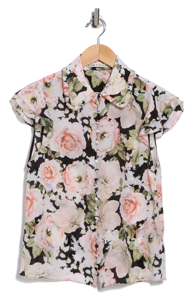 Alice + Olivia Martel Floral Flutter Sleeve Silk Button-Up Shirt, Alternate, color, Morningside Floral Black