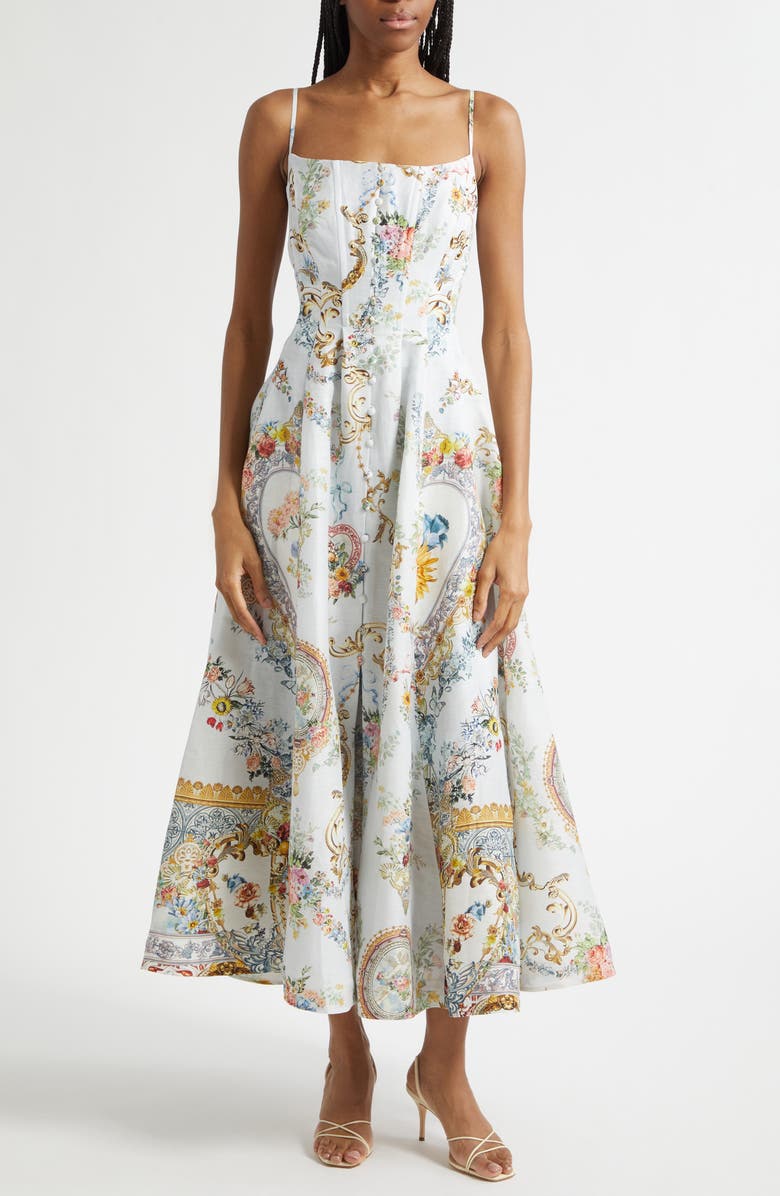 Camilla Seville Sweetheart Corset Linen & Silk Twill Fit & Flare Dress, Main, color, Seville Sweetheart