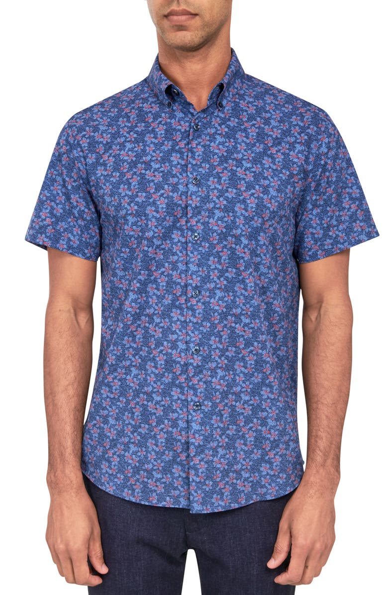 Brooklyn Brigade Slim Fit Denim Floral Recycled 4-Way Stretch Performance Short Sleeve Shirt, Main, color, Navy