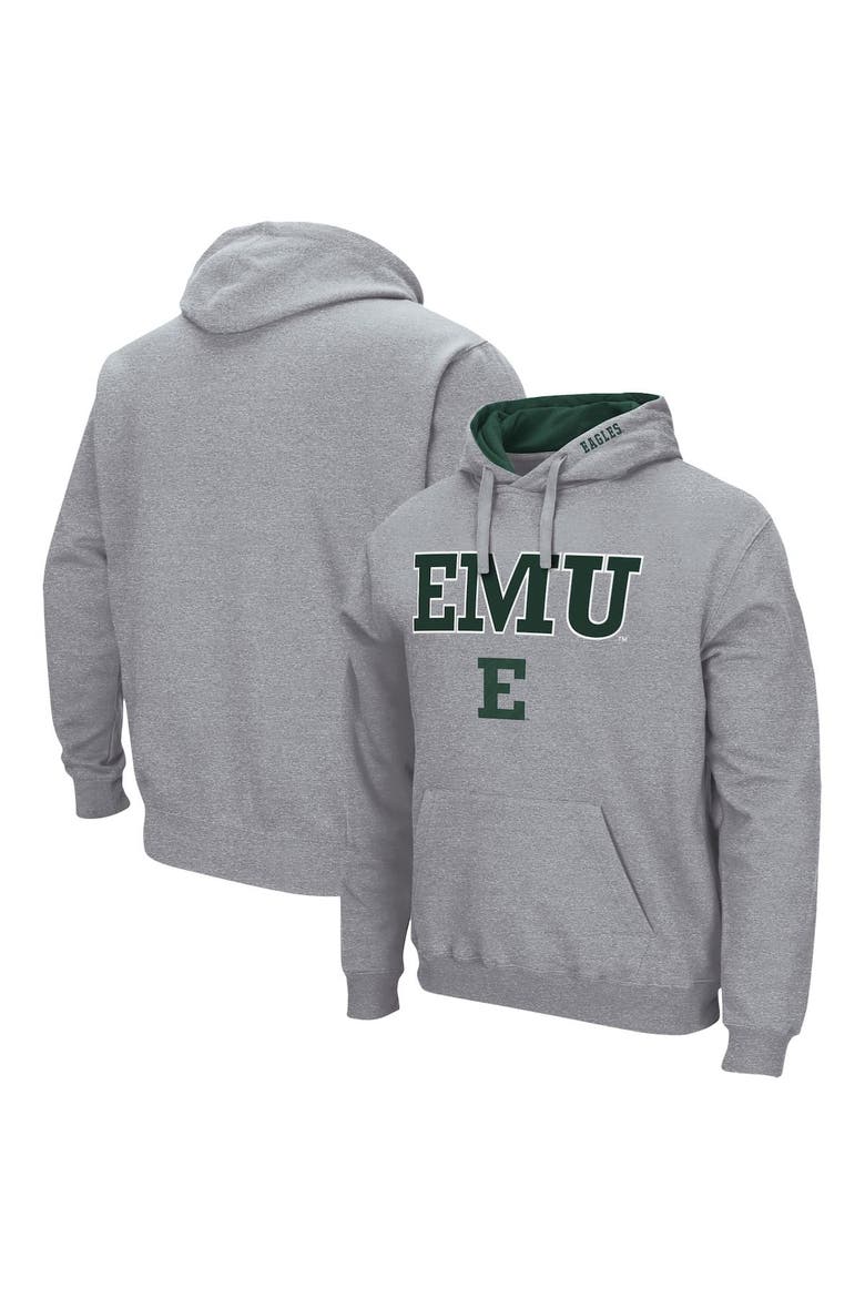 Men's Colosseum Heathered Gray Eastern Michigan Eagles Arch & Logo 3.0 Pullover Hoodie, Main, color, Heather Gray