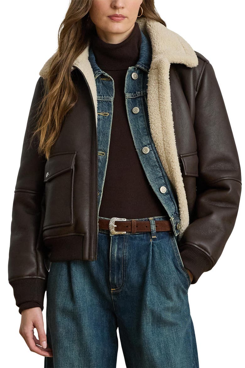 Faux Leather & Faux Shearling Bomber Jacket, Main, color, CIRCUIT BROWN