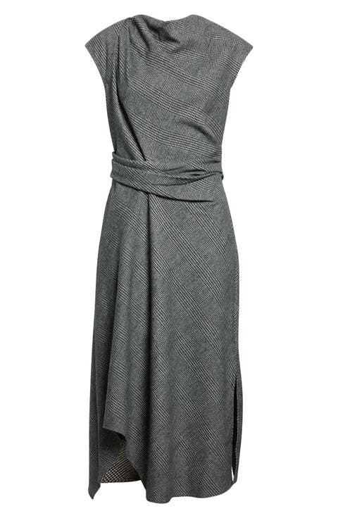 Clara Glen Plaid Asymmetric Hem Wool Blend Dress