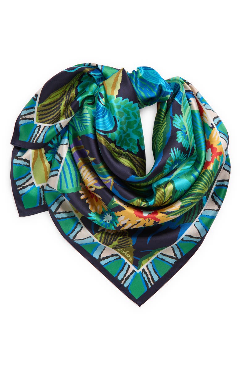 Echo Rainforest Silk Square Scarf, Main, color, Hawaiian Ocean