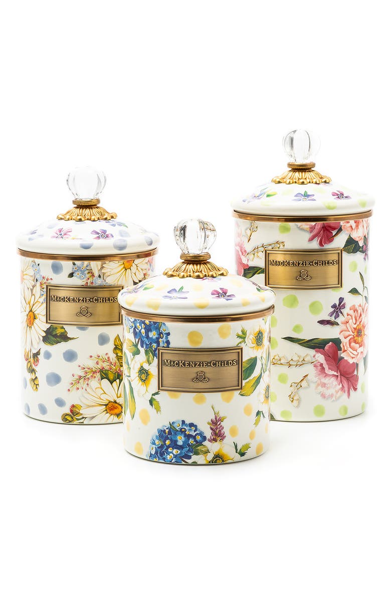 MACKENZIE CHILDS Wildflowers Medium Enamel Canister, Main, color, White Multi