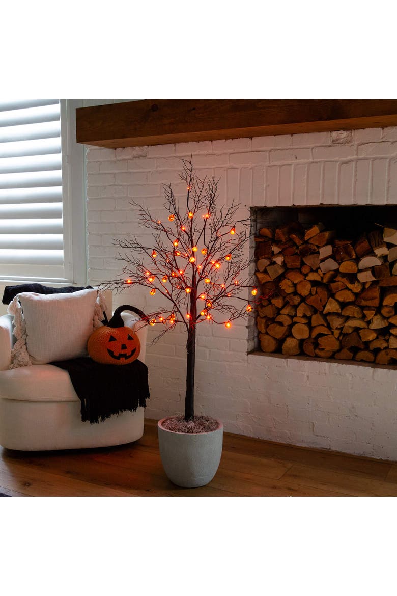 4-ft Pre-Lit Artificial Halloween Black Twig Tree with 24 Orange LED Pumpkin Shaped Lights, Alternate, color, Black
