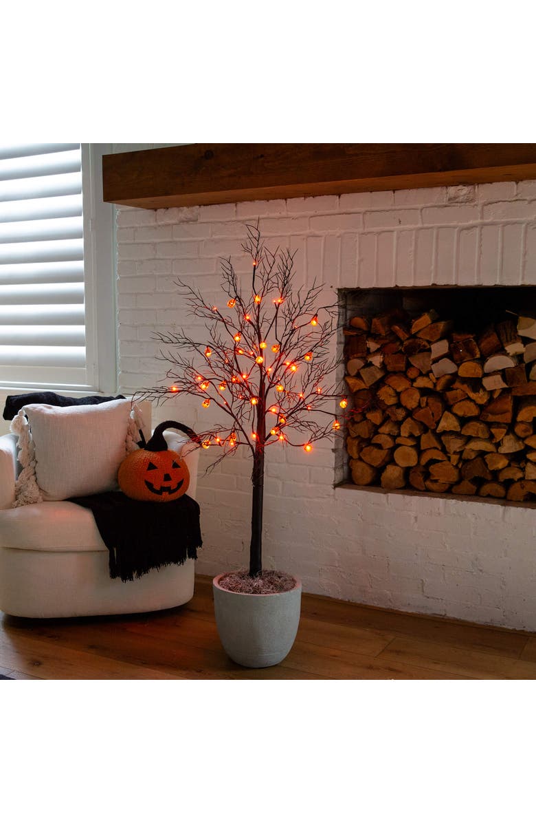NEARLY NATURAL 4-ft Pre-Lit Artificial Halloween Black Twig Tree with 24 Orange LED Pumpkin Shaped Lights, Alternate, color, Black