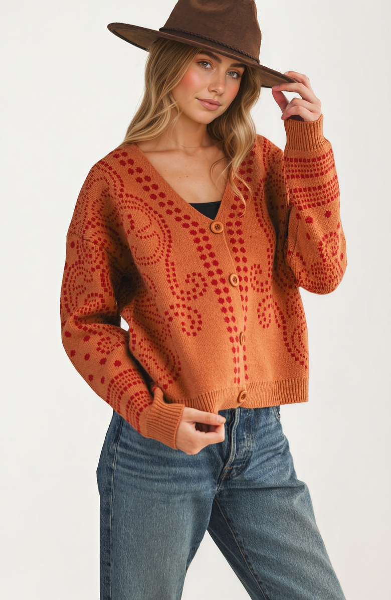 Knit and Lounge Patterned Button Relaxed Modern Fit Cardigan, Main, color, Orange-Toned Brown