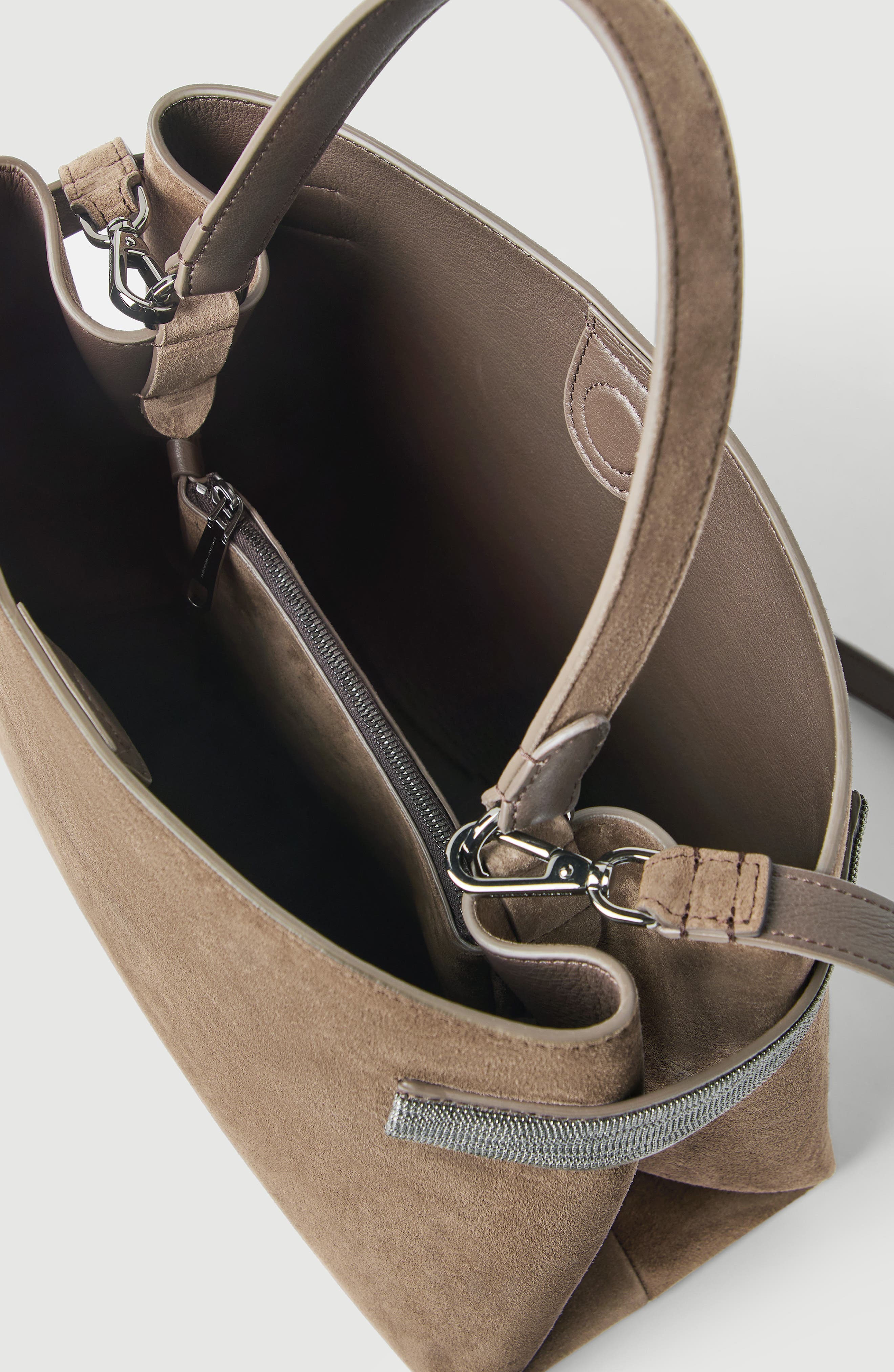 Essence top-handle bag in suede with precious bands, Alternate, color, Bark