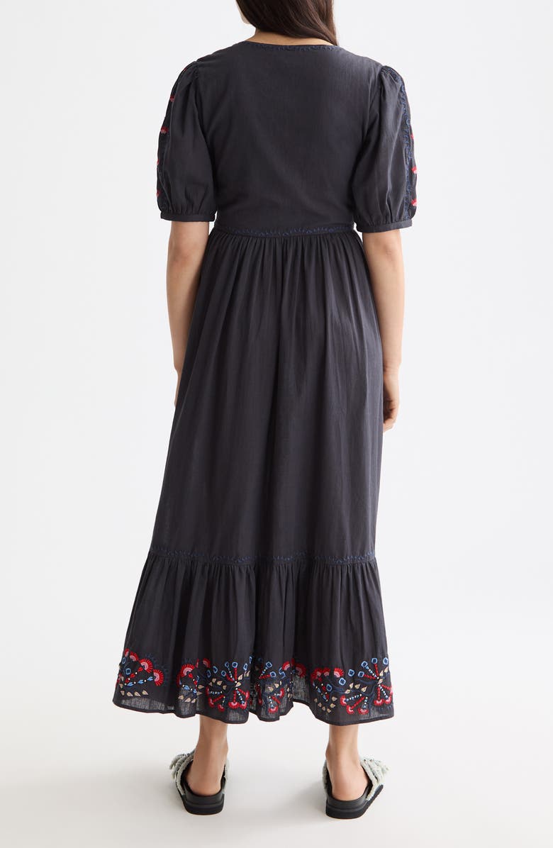Scotch & Soda Embroidered Puff Sleeve Tiered Cotton & Linen Maxi Dress, Alternate, color, Charcoal Art