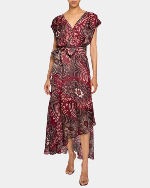 Santorelli Fallon Cap Sleeve Midi Fit And Flare Dress With Hi-lo Skirt In Silk Modern Gingham Floral Print In Cherry Cola