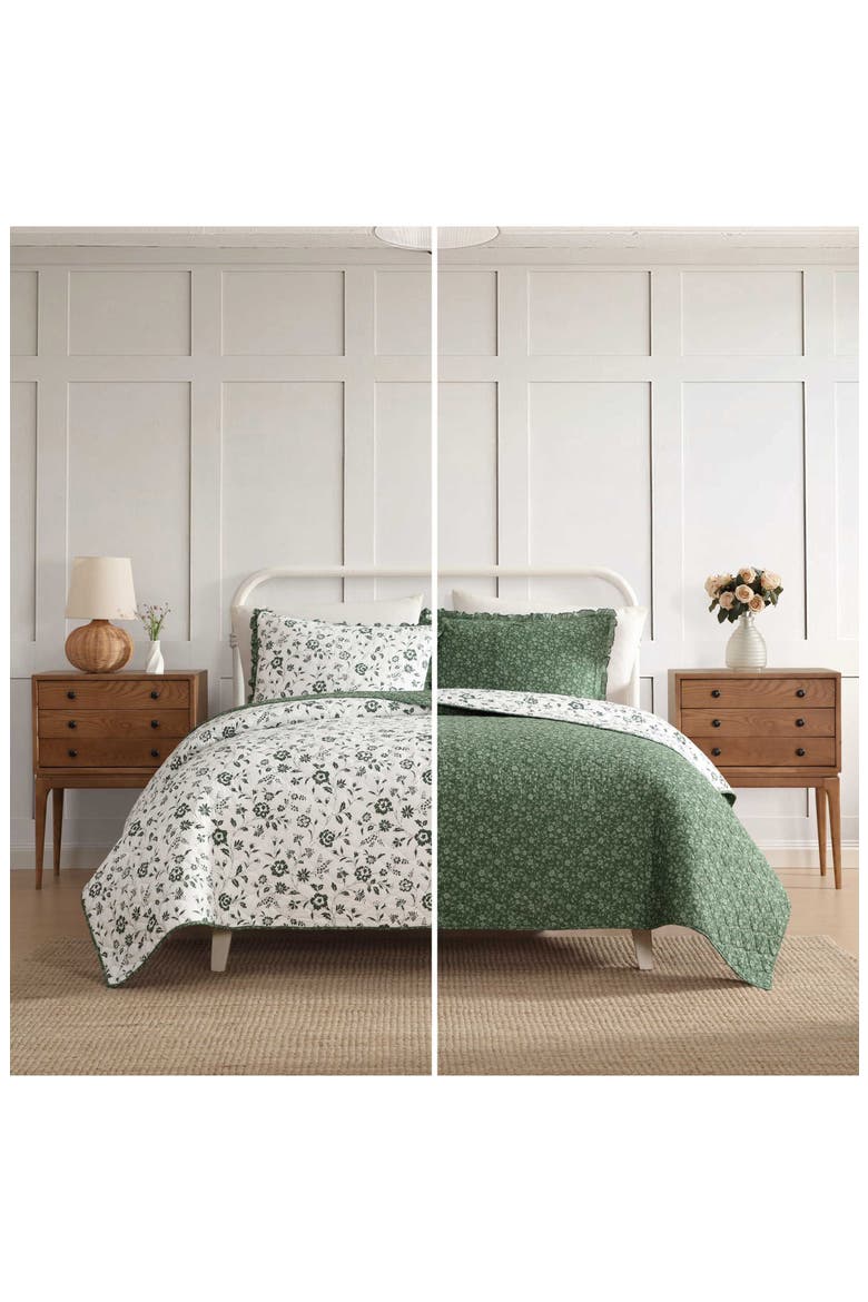 Miranda Floral Cotton Quilt & Sham Set, Alternate, color, DARK GREEN