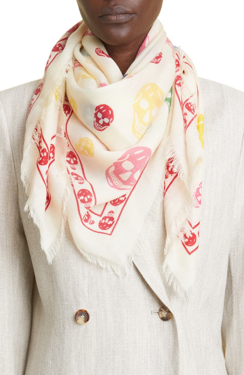 McQueen Rainbow Skull Wool Gauze Scarf, Alternate, color, 