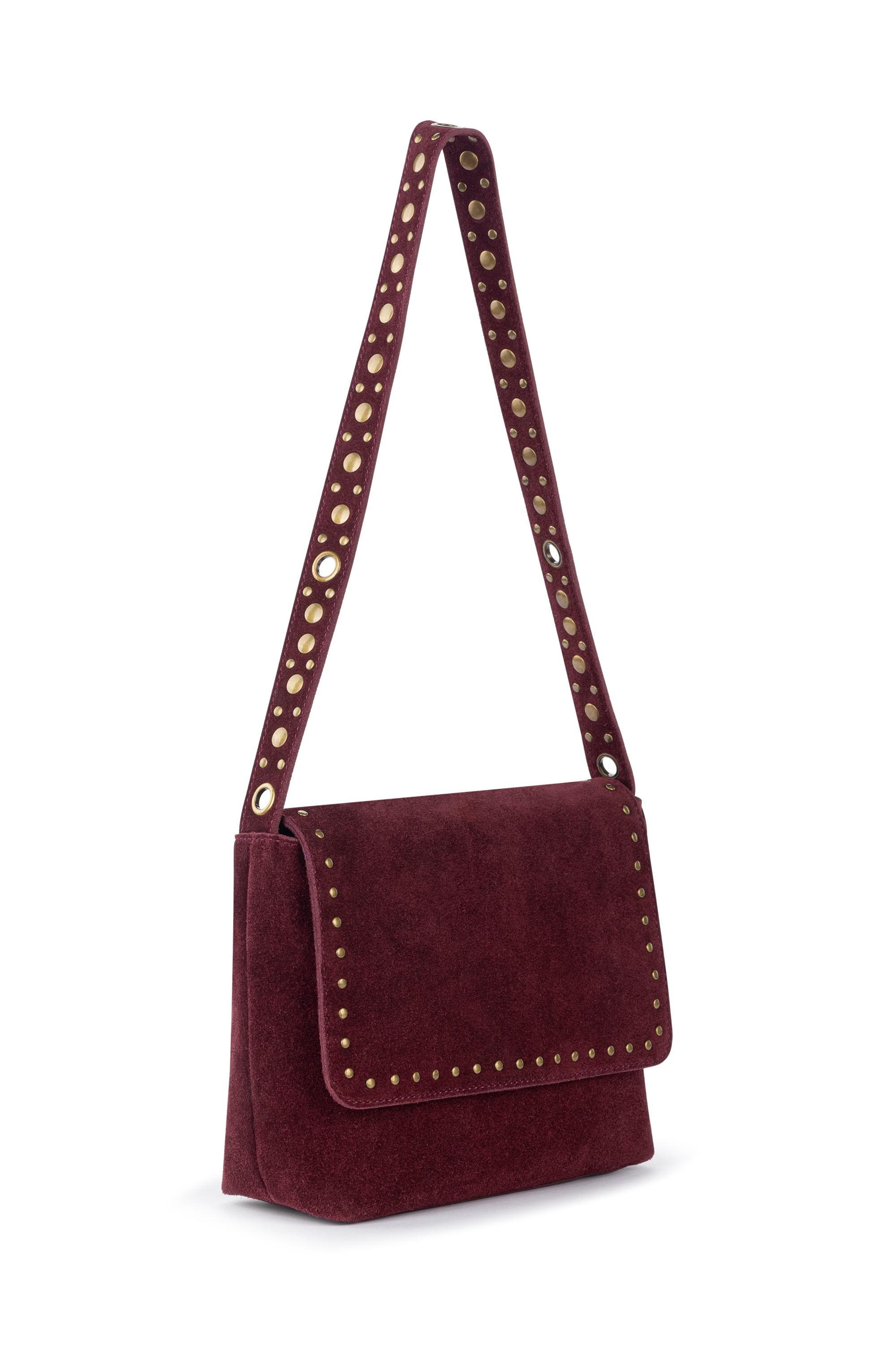 Marlow Belt Flap Shoulder, Alternate, color, Black Cherry Suede Belt