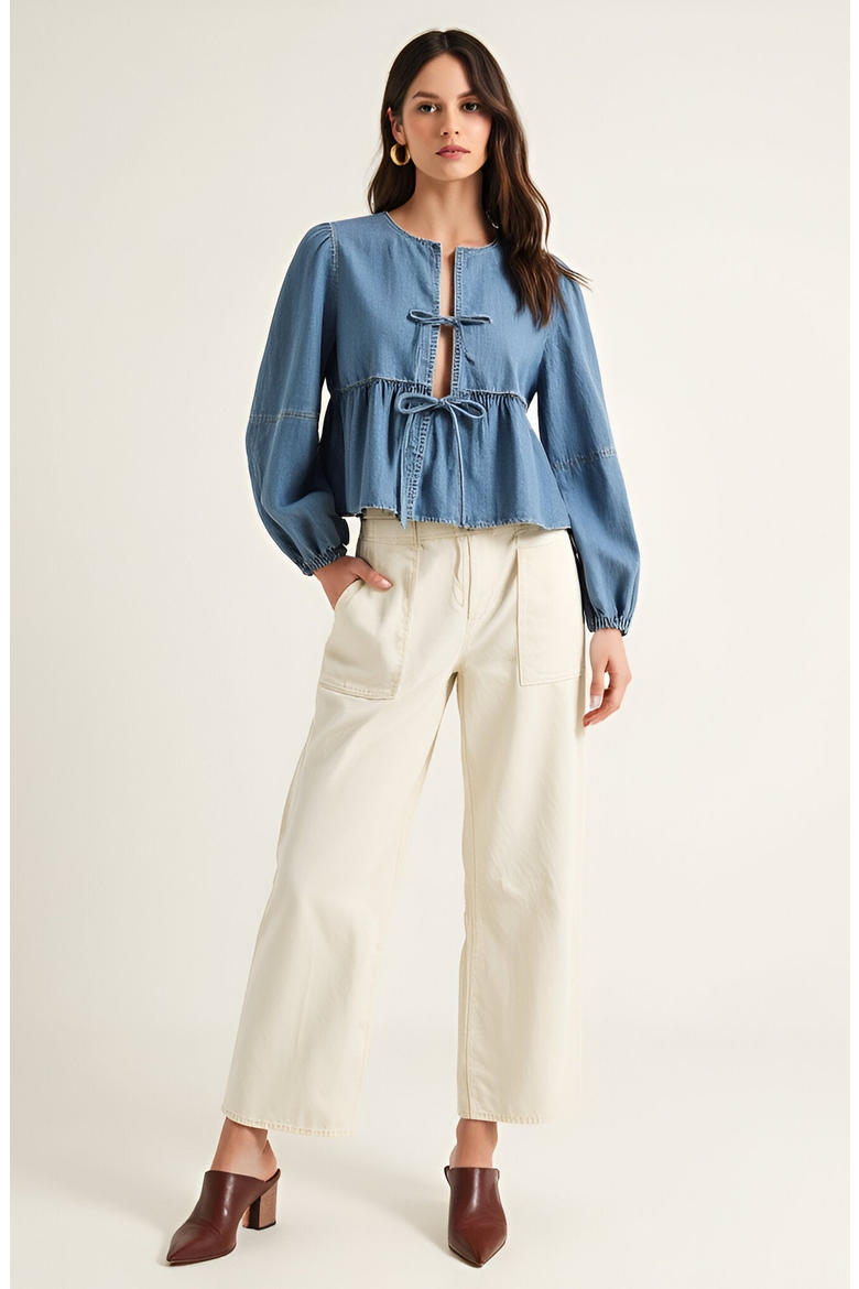 Long Puff-Sleeve Tie-Front Peplum Denim Blouse, Alternate, color, Denim Blue
