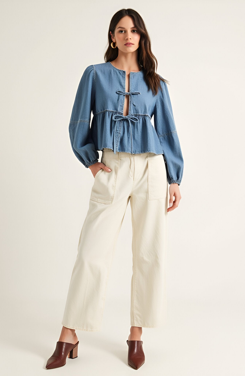 Modenaire Long Puff-Sleeve Tie-Front Peplum Denim Blouse, Alternate, color, Denim Blue