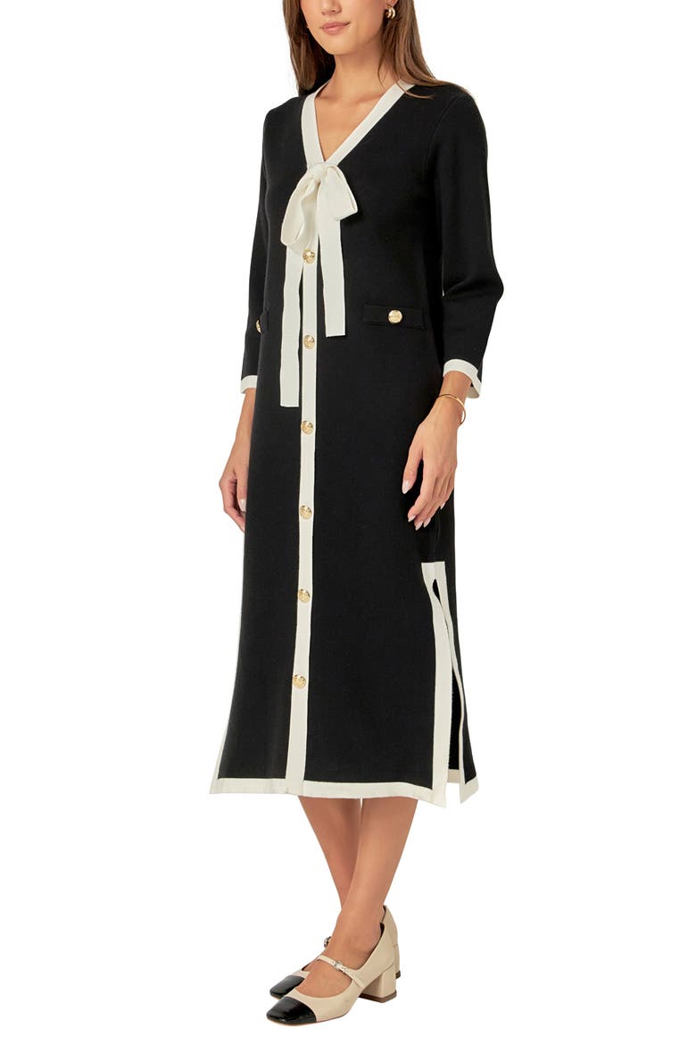 Bow Knit Midi Dress, Alternate, color, BLACK/ WHITE